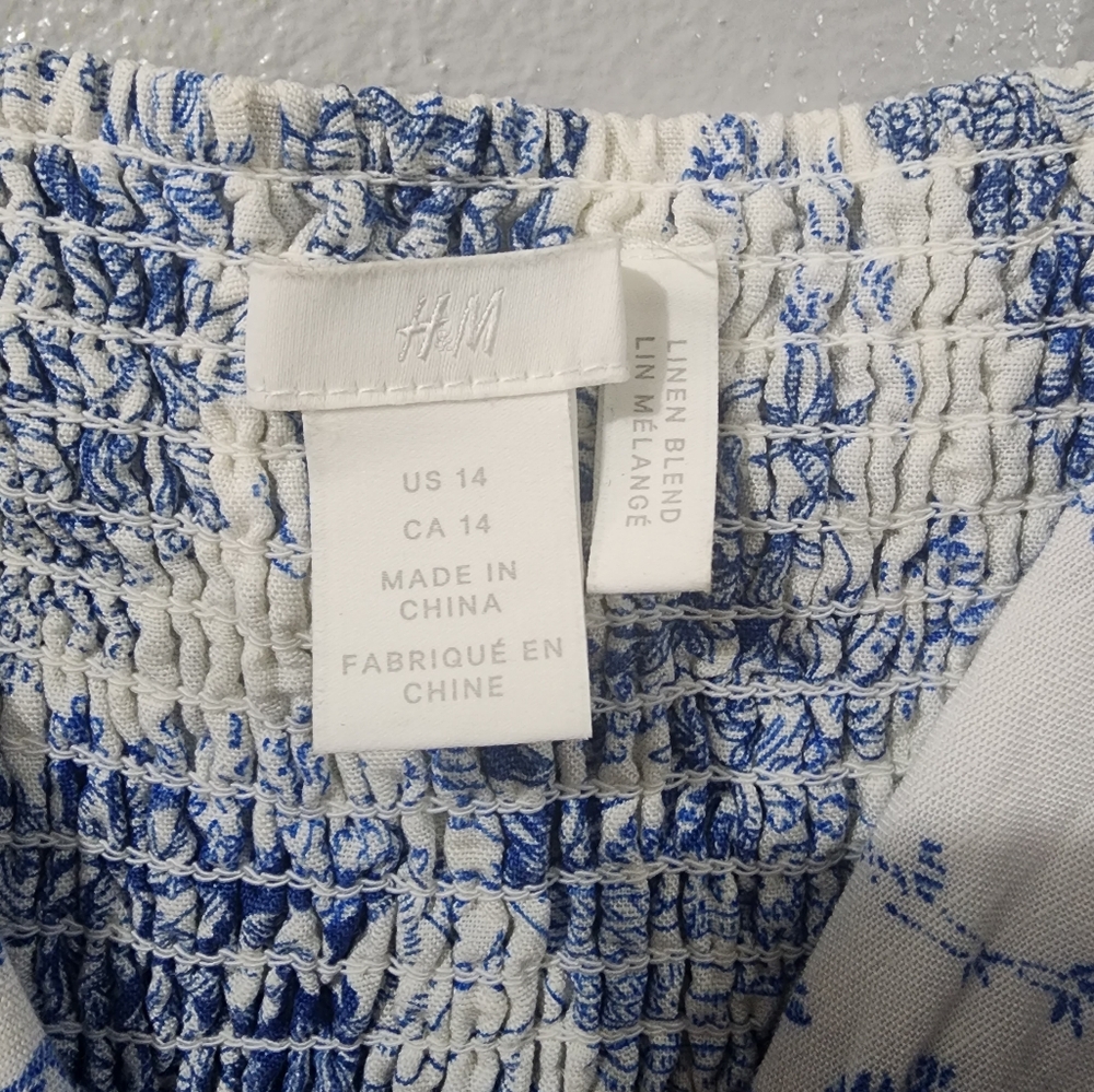 H&M White and Blue Floral Midi Sleeveless Dress Linen Blend Size 14 - Picture 4 of 13